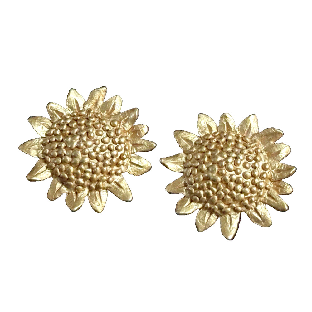 Vintage Sunflower Stud Earrings Brushed Gold Tone Textured 1" Wide Sunflower Art